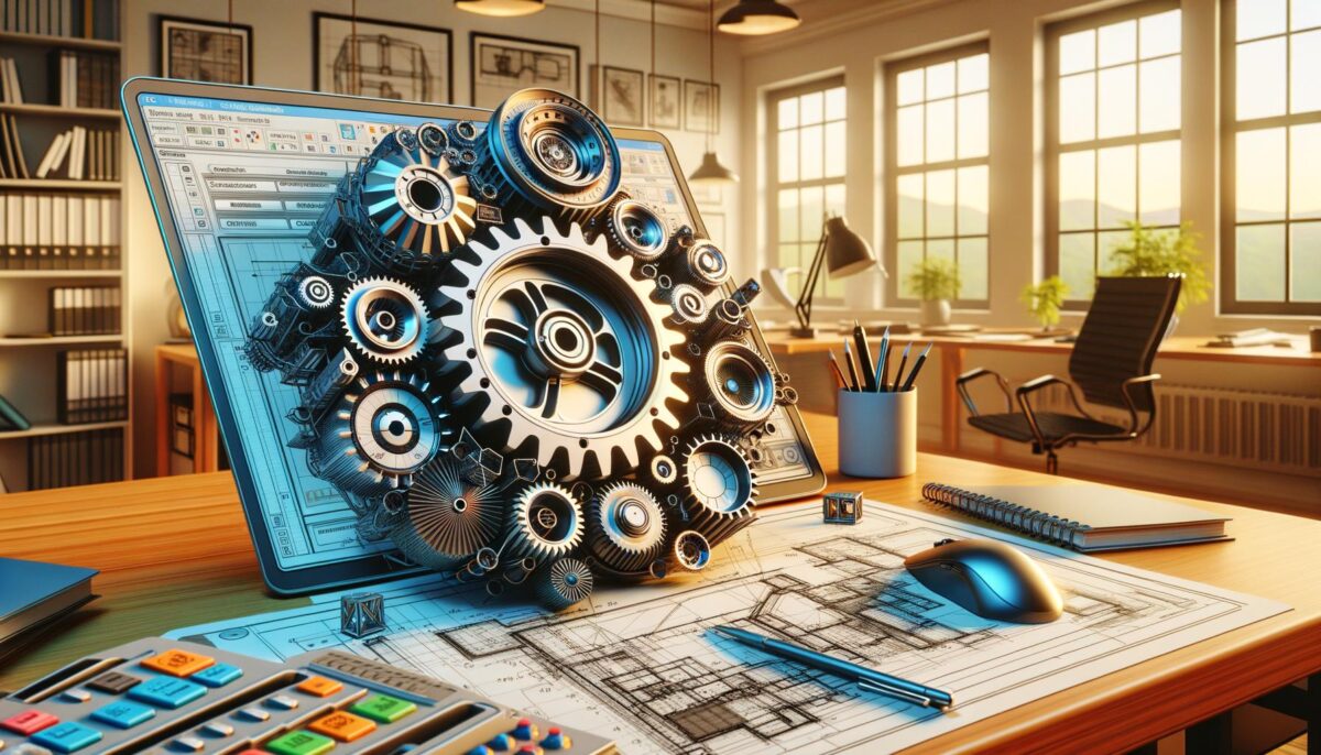 A laptop with 3D gears emerging, on a desk with architectural plans, in a sunlit office.