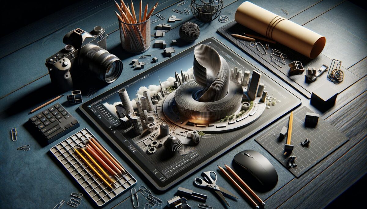 A digital device displays a 3D city model surrounded by architectural tools like a camera, pencils, and a mouse on a desk.