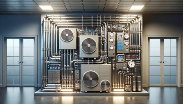 A modern technical room with intricate piping, gauges, and control panels between two glass doors.