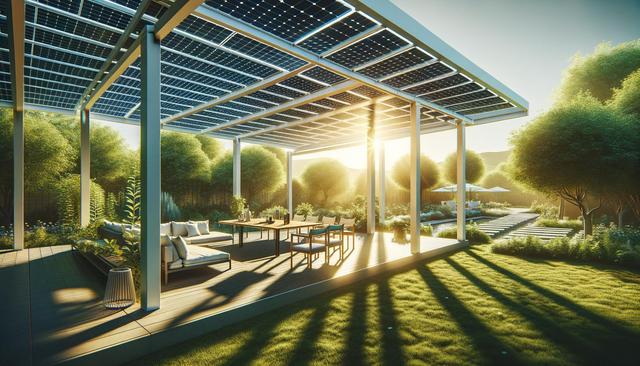Modern patio with solar panel roof, outdoor seating, surrounded by lush garden and sunlight streaming through.