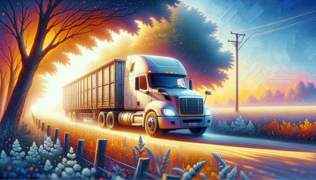 A truck drives on a road at sunrise, surrounded by colorful trees and flowers.