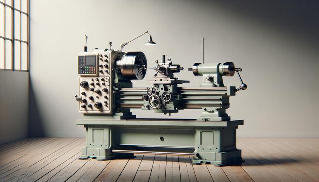 A vintage metal lathe with a control panel, gears, and a lamp, set in a workshop with wooden floors.