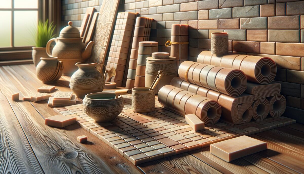 A warm-lit wooden table displays various ceramic pots, rolled mats, and decorative tiles.