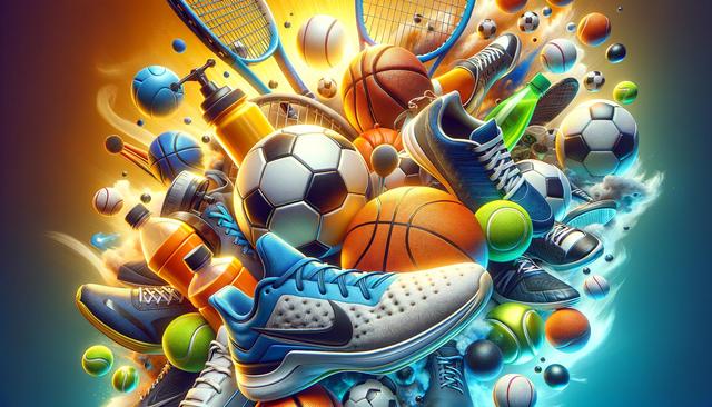 Colorful collage of sports equipment, including shoes, balls, rackets, and bottles.