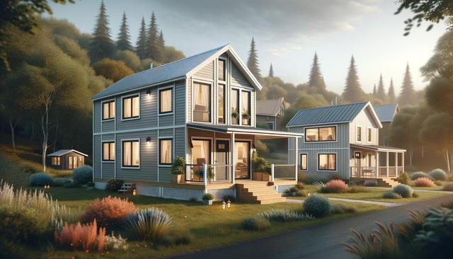 Cozy wooden houses in a serene forest setting, surrounded by lush greenery and warm evening light.