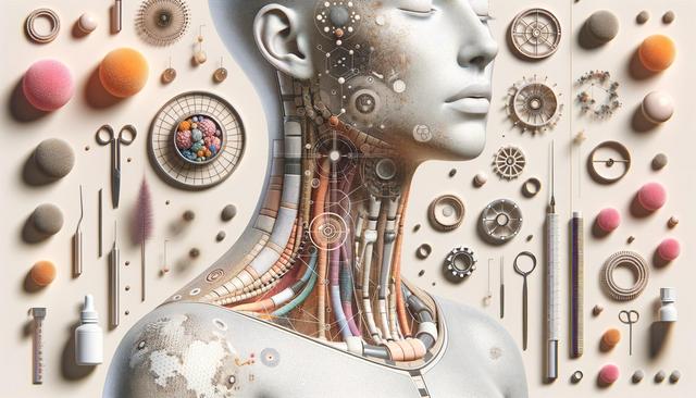 A surreal image of a robotic head and neck with intricate mechanical components, surrounded by various scientific tools and colorful abstract shapes.