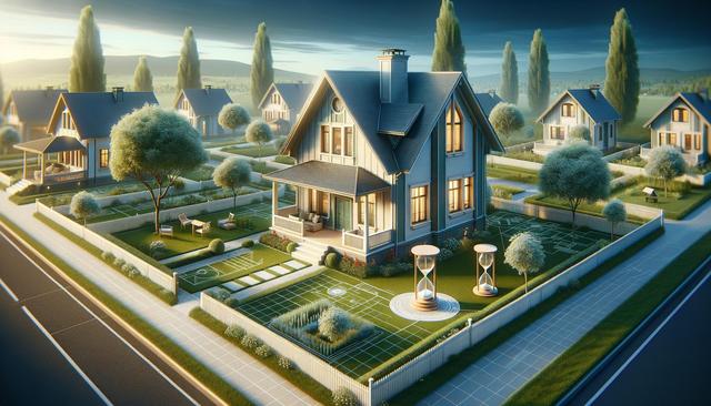Cozy suburban neighborhood with modern houses, tidy lawns, and large hourglasses in the yards.
