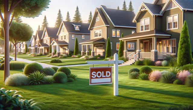 A row of suburban houses with a "Sold" sign in the front yard, surrounded by manicured lawns and trees.