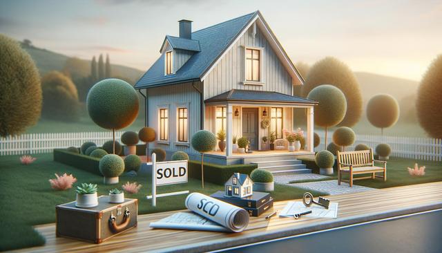 Charming house with a "sold" sign, cozy porch, manicured garden, and white picket fence at sunset.