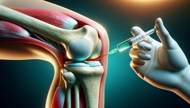 A syringe needle is being inserted into a detailed illustration of a knee joint.