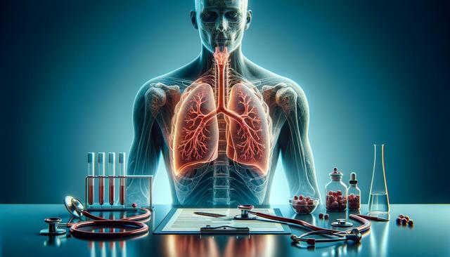Transparent human body with highlighted lungs, surrounded by medical equipment and test tubes on a table.