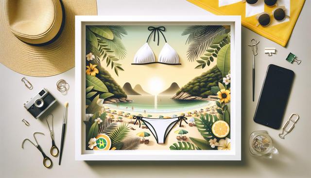 A summery flat lay with a framed beach scene, white bikini, camera, hat, sunglasses, phone, and various small objects like clips and a brush.