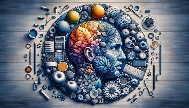 Abstract human head composed of colorful gears, leaves, and objects, symbolizing creativity and technology.