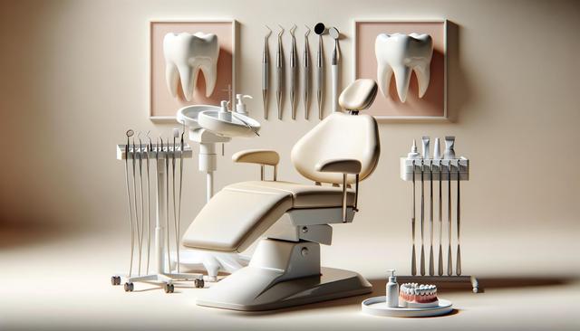 Dental office with a chair, tools, and large tooth models on the wall.