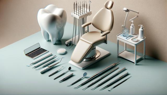 A dentist's chair with dental tools, a tooth model, a small table with toiletries, and a laptop.