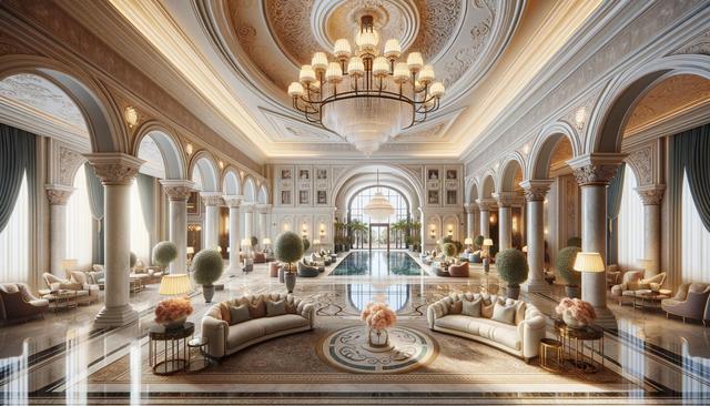 Luxurious lobby with grand chandeliers, ornate arches, plush sofas, and marble floors.