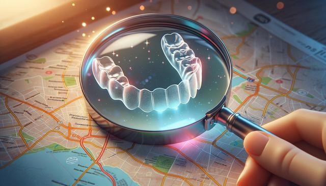 A magnifying glass shows a dental aligner over a map.
