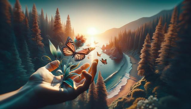 An ethereal landscape with a hand holding flowers and butterflies, overlooking a serene ocean at sunset surrounded by trees.