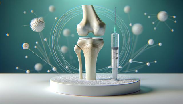Model of a knee joint next to a syringe on a round base with floating particles in the background.