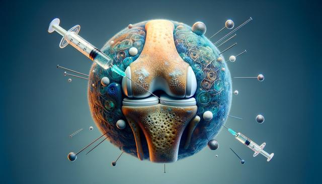 Surreal representation of a knee joint surrounded by particles and syringes.