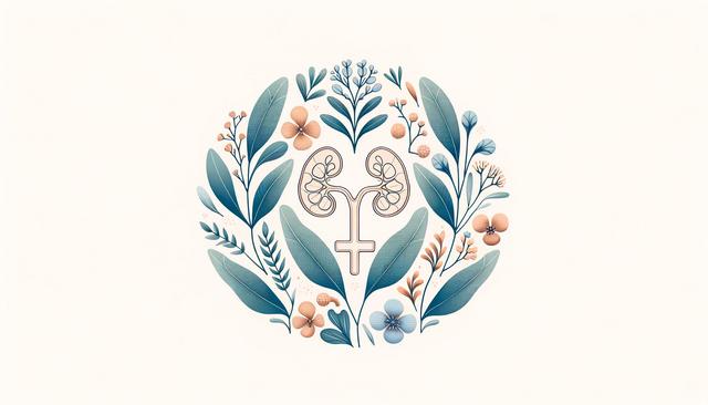 Illustration of human kidneys and ureter surrounded by stylized flowers and leaves.