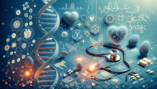 Futuristic medical scene with DNA helix, stethoscope, and digital icons on a blue grid.
