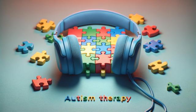 Blue headphones on colorful puzzle pieces with text "Autism therapy."