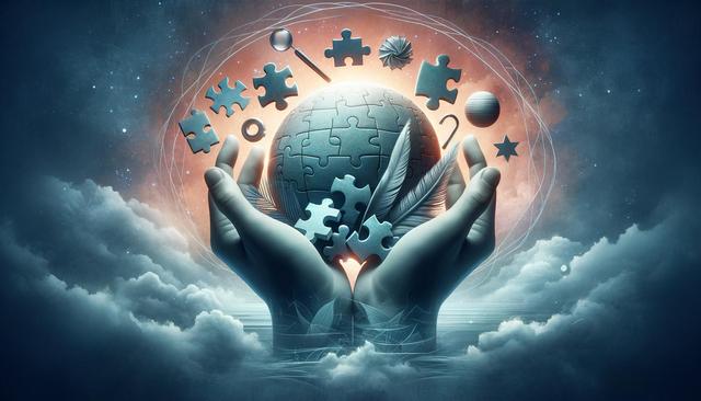 Hands cradle a glowing puzzle globe surrounded by floating puzzle pieces and symbols, set against a starry, cloudy sky.