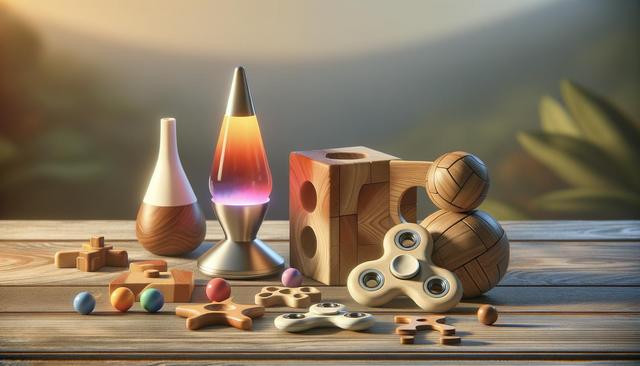 Wooden puzzles, a lava lamp, and fidget spinners on a wooden table with a blurred nature background.
