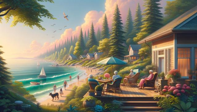 Tranquil beach scene with people walking, sailing boats, and cottages by a forested hillside at sunset.