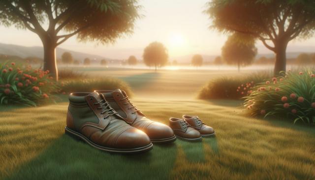 Large and small leather boots on grass with a sunset background.