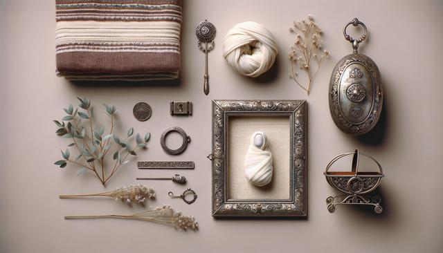 Vintage objects arranged on a beige surface, including a striped fabric, framed wrapped stone, dried plants, and ornate metallic accessories.