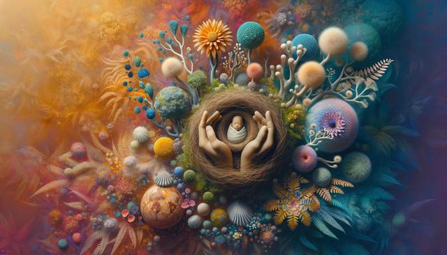 A baby in a nest held by hands, surrounded by colorful, surreal vegetation and abstract forms.