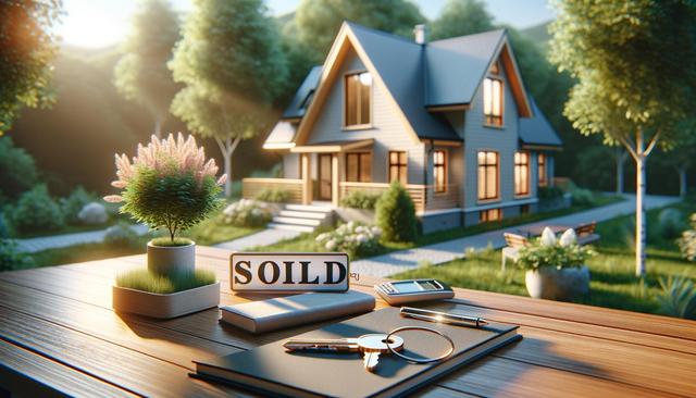Cozy home with garden in background, wooden table with a small plant, keys, notebook, pen, and "SOLD" sign in foreground.