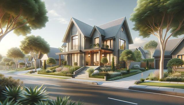 Modern two-story house with large windows, surrounded by manicured lawns and trees, along a sunny suburban street.