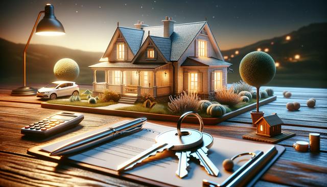 A cozy house model sits on a table with car, documents, pen, keys, calculator, and desk lamp.