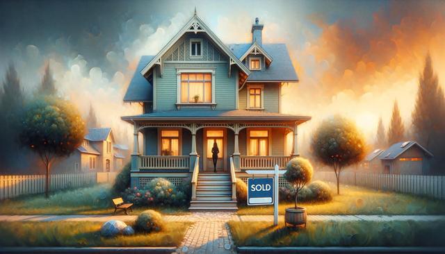 A cozy Victorian house at sunset with warm lights, a "Sold" sign, and a person standing on the porch.