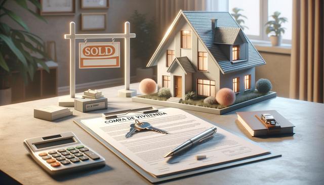 A miniature house model on a table with a "Sold" sign nearby, documents, calculator, pen, keys, and plants in the background.