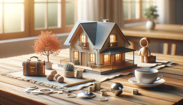 A small model house on a table with a toy figure, a tree, coins, a cactus, and a cup of coffee in warm lighting.