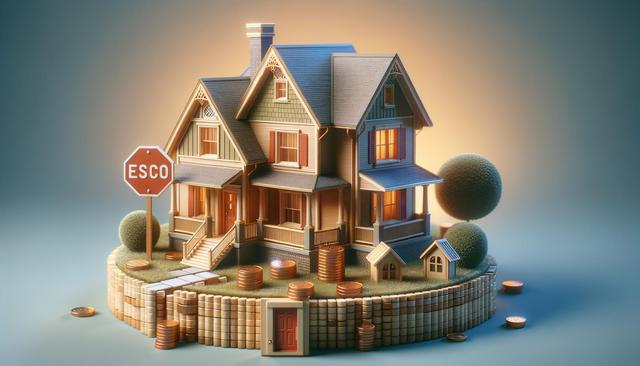 A model house on a platform made of coins, surrounded by more coins and a sign reading "ESCO."