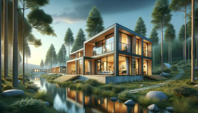 Modern house with large windows by a serene forest stream, surrounded by tall trees.