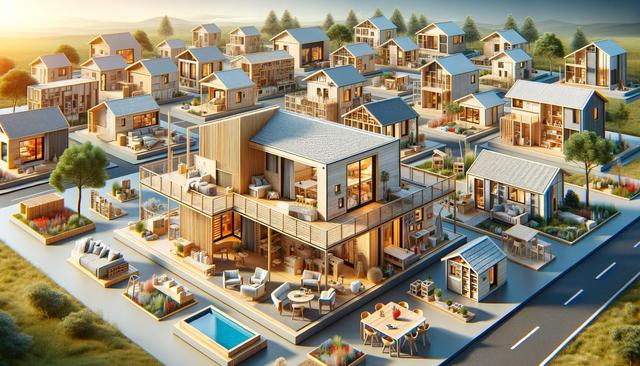 Modern, sunlit neighborhood with stylish wooden houses, balconies, and outdoor furniture.