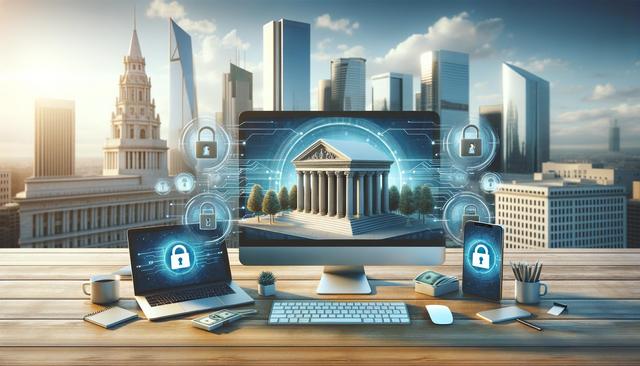 A desk with a computer, laptop, and smartphone displaying digital locks, symbolizing cybersecurity, against a cityscape.