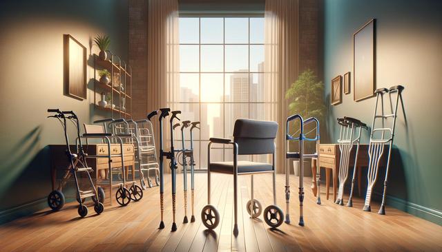 Room with mobility aids like walkers, canes, and crutches, lit by warm sunlight through a large window.