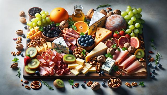 A colorful charcuterie board with cheeses, meats, fruits, nuts, and a small jar of honey.