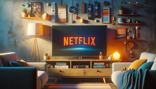 Cozy living room with a TV displaying the Netflix logo, surrounded by colorful decor and shelves with books, plants, and ornaments.