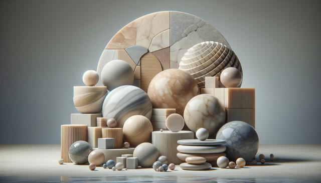 A collection of various sized rock spheres and cubes with textured surfaces arranged artistically.