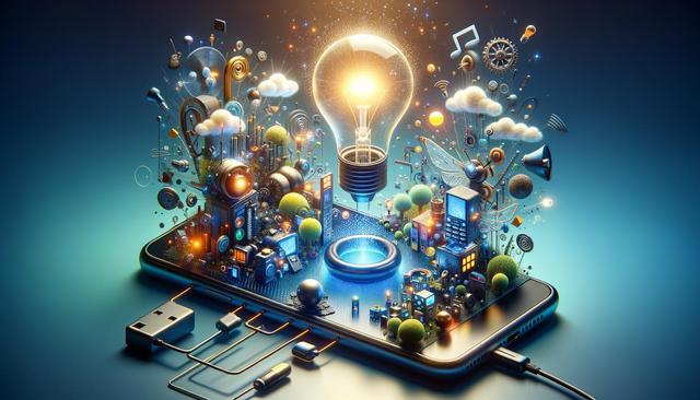 A smartphone with a glowing lightbulb and digital elements emerging, symbolizing technology and creativity.