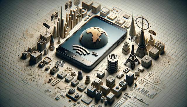 Smartphone with globe and Wi-Fi symbols on screen, surrounded by miniature cityscape and data icons.