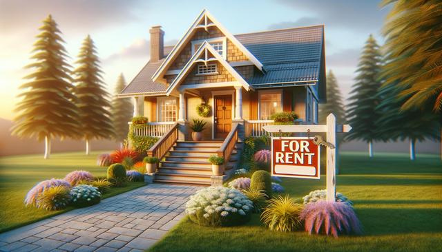Charming house with a "For Rent" sign in a manicured garden, surrounded by tall trees.